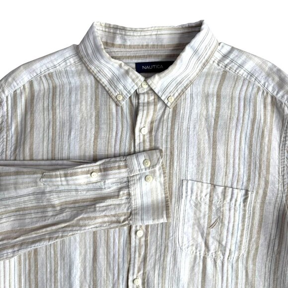 Nautica‎ Linen Button Up Shirt Mens Size XL Beige White Striped Coastal Preppy - Picture 1 of 7